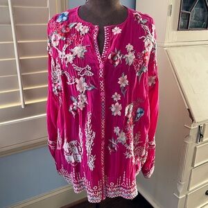 Johnny Was Fuchsia Floral Embroidered Blouse, M
